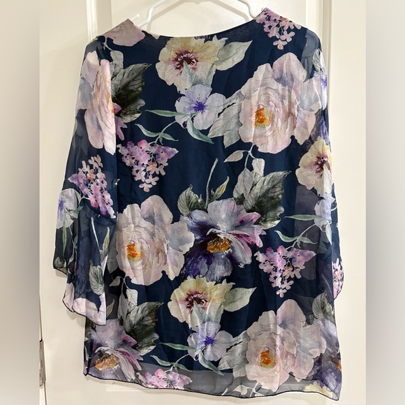 CHARLIE B Navy Floral Spring Sheer Chiffon Bell Sleeves Women’s Blouse - Picture 5 of 5